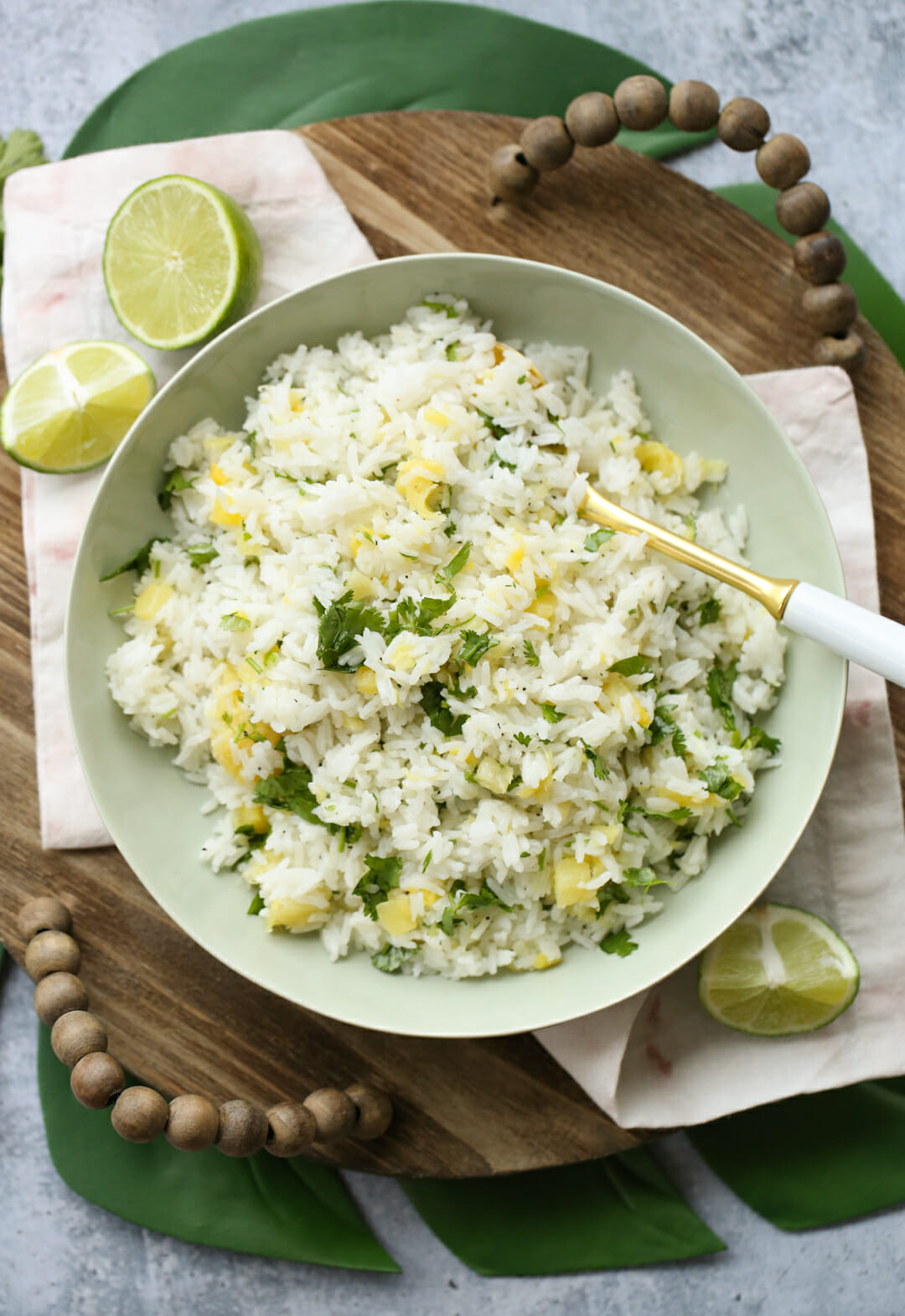 lime cilantro rice with pineapple in dish