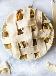 apple pie with lattice top crust before baking