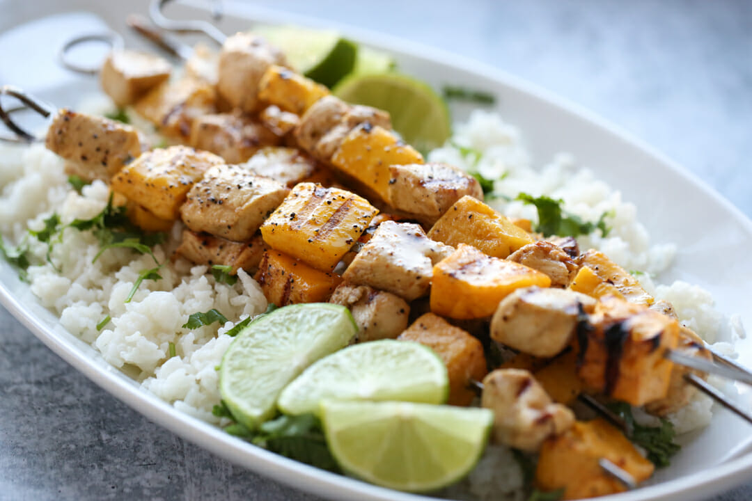 Steak and Mango Skewers over rice