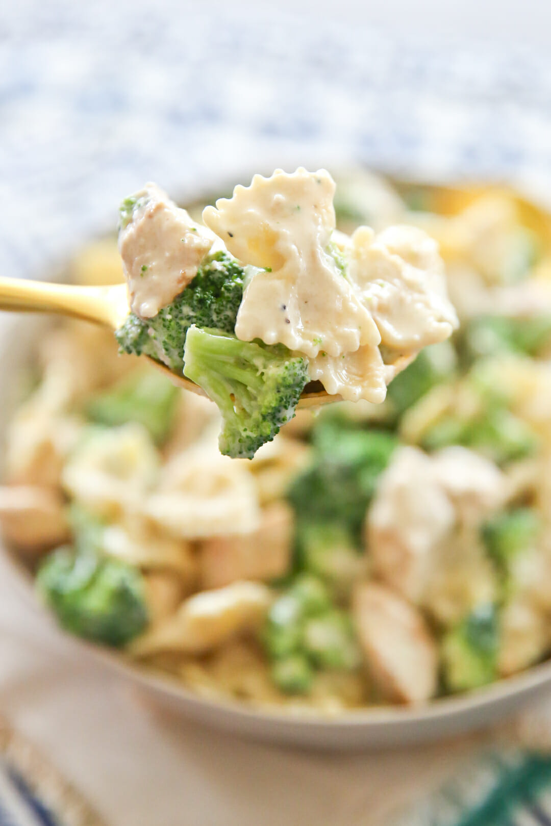 Bite of alfredo pasta with broccoli and chicken