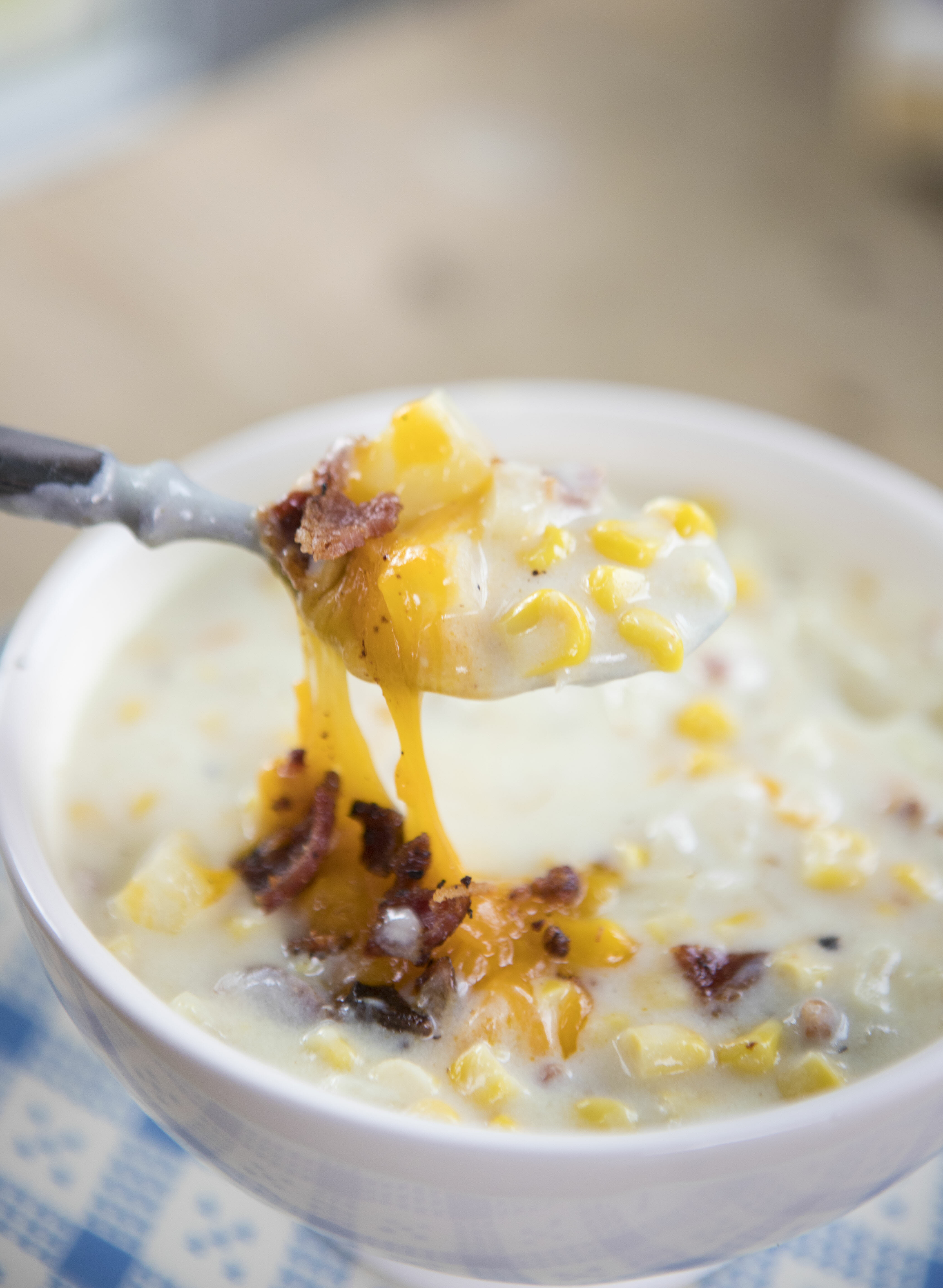 creamy corn chowder with cheese and bacon