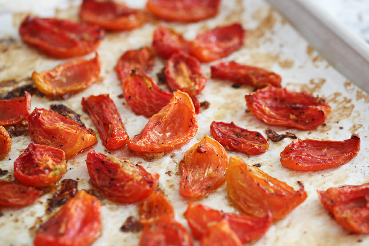 Oven Dried tomatoes on baking sheet