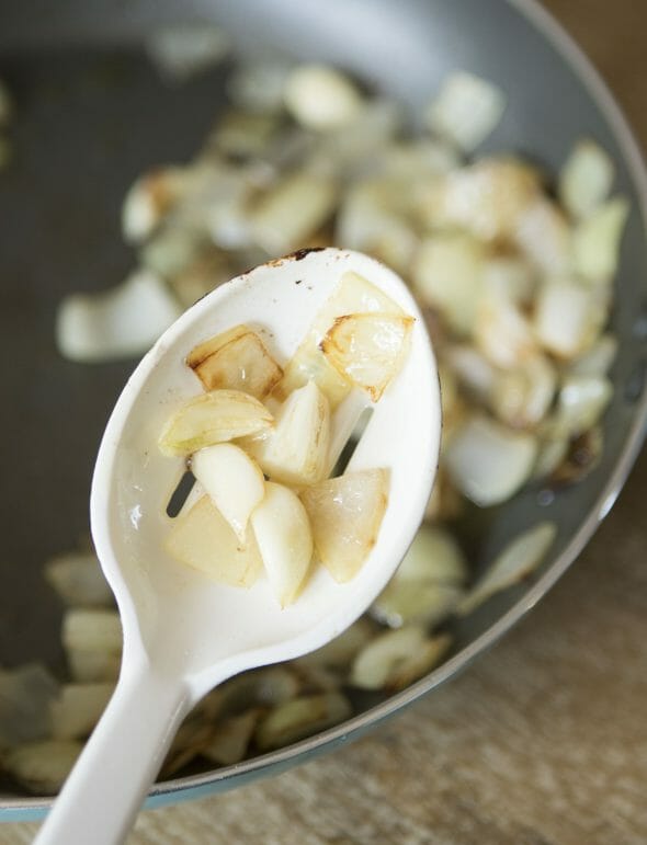 satueed onion and garlic