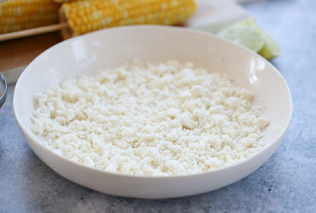 crumbled cotija cheese in a bowl