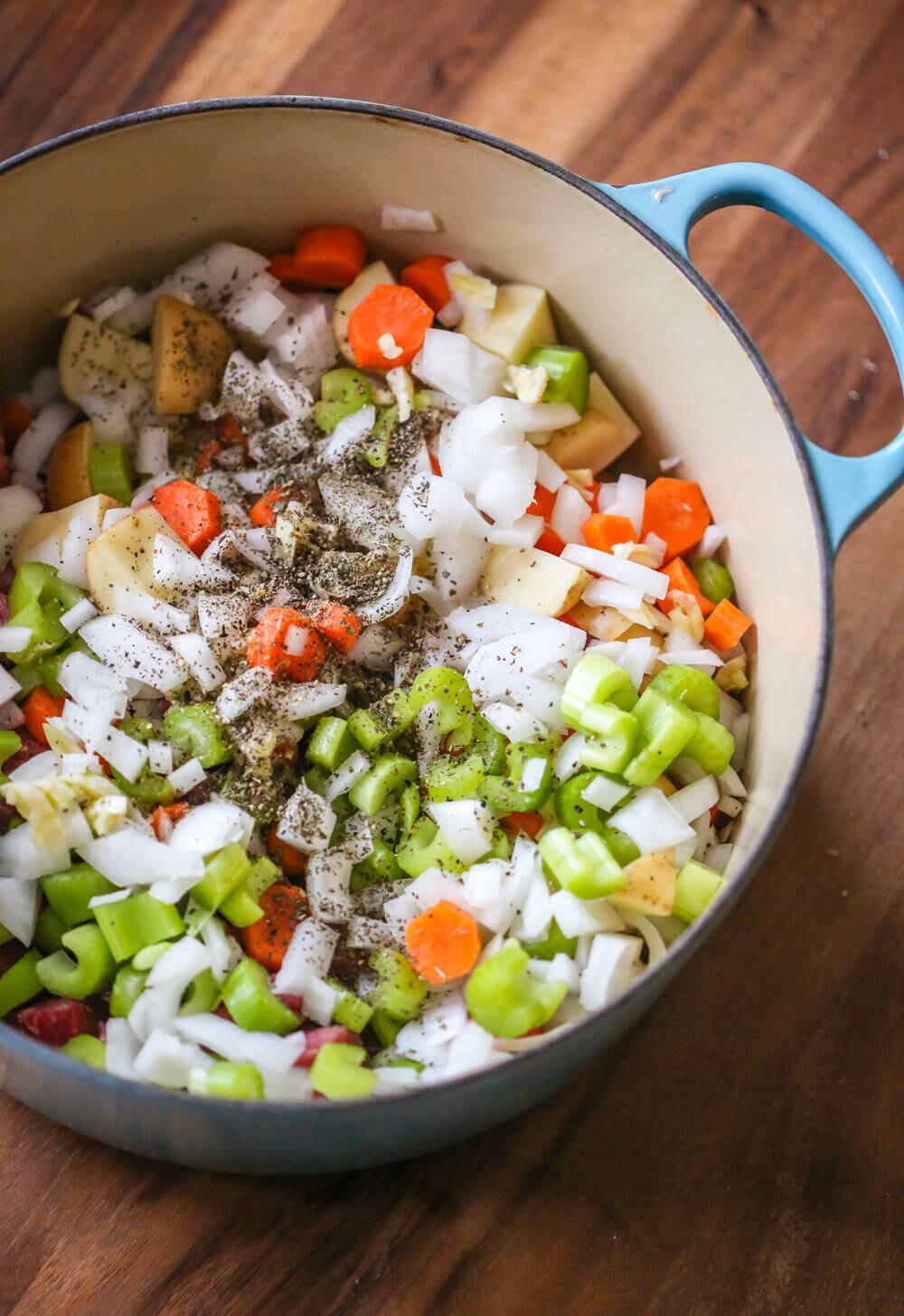 Hearty Beef Stew ingredients in dutch oven