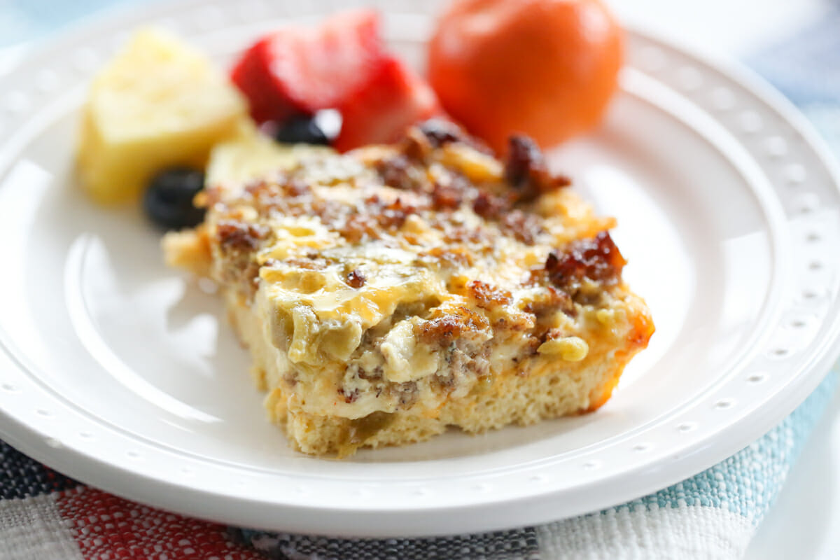 square serving of breakfast casserole on a plate