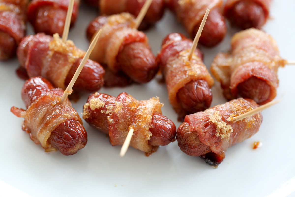 Bacon Wrapped Sausages on a plate 
