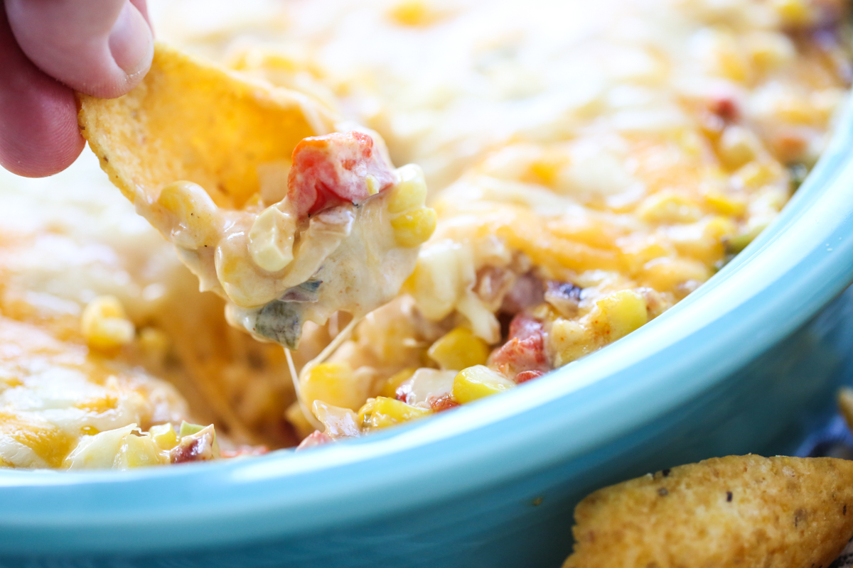 hot corn dip bite on chip