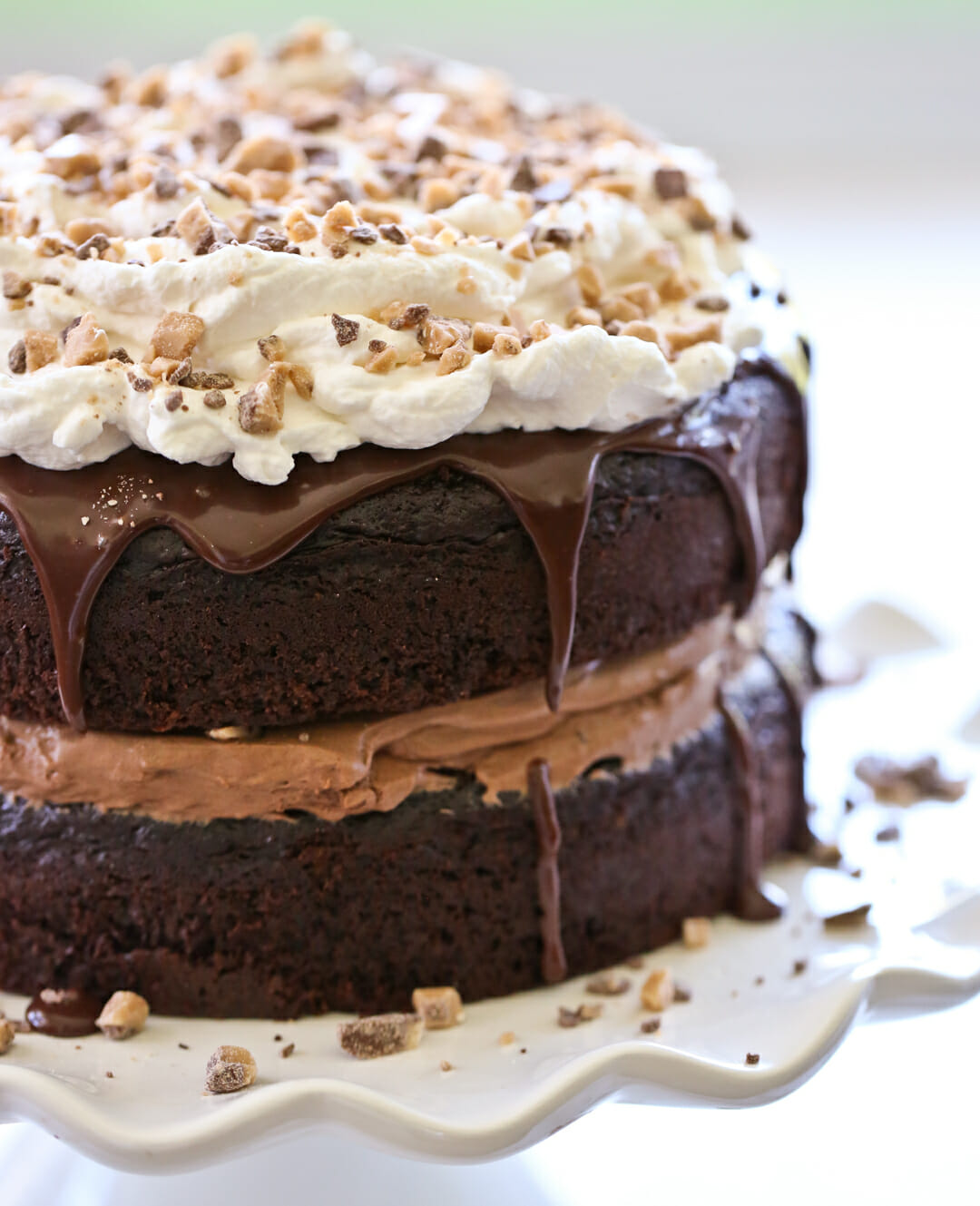 chocolate cake with whipped cream on top