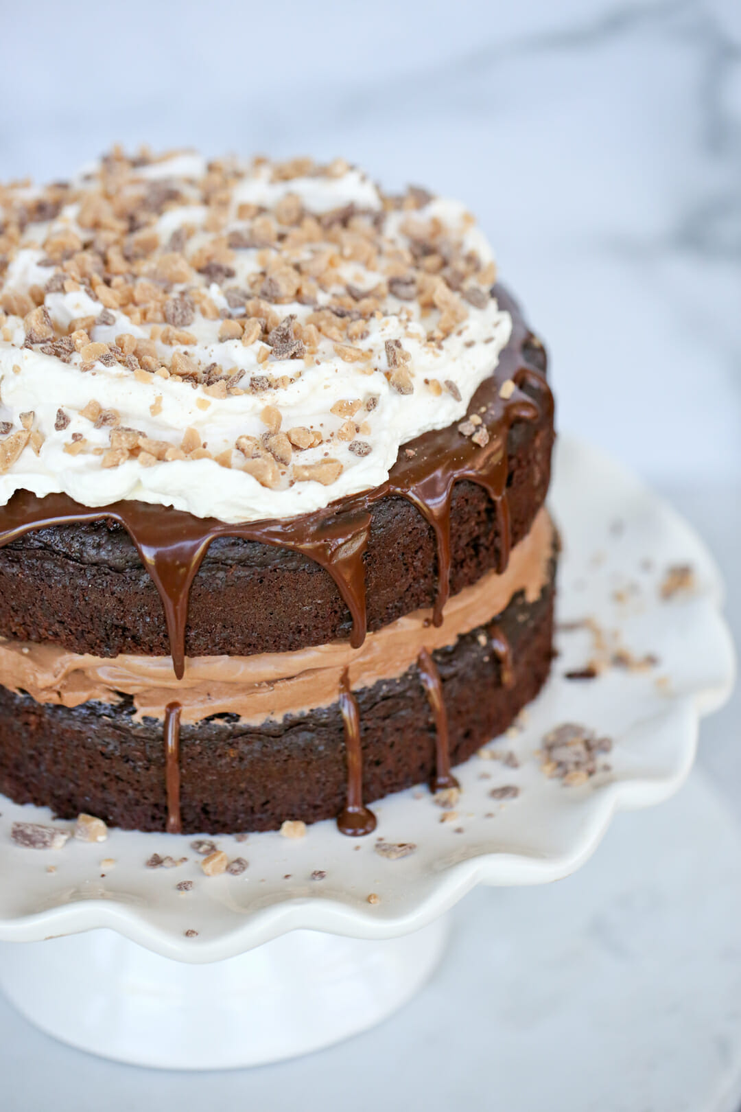 chocolate cake on cake stand