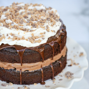 chocolate mousse cake on cake stand