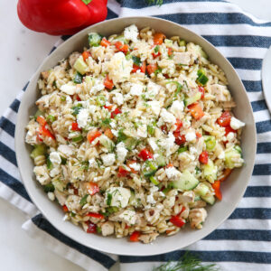 orzo pasta salad in salad bowl