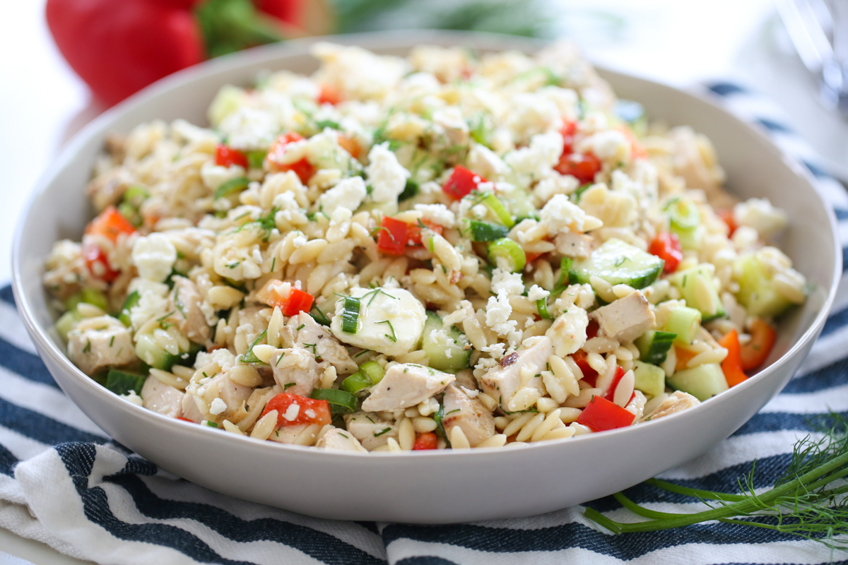 orzo salad in serving bowl 