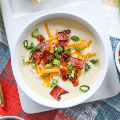 Baked Potato Soup in a while bowl