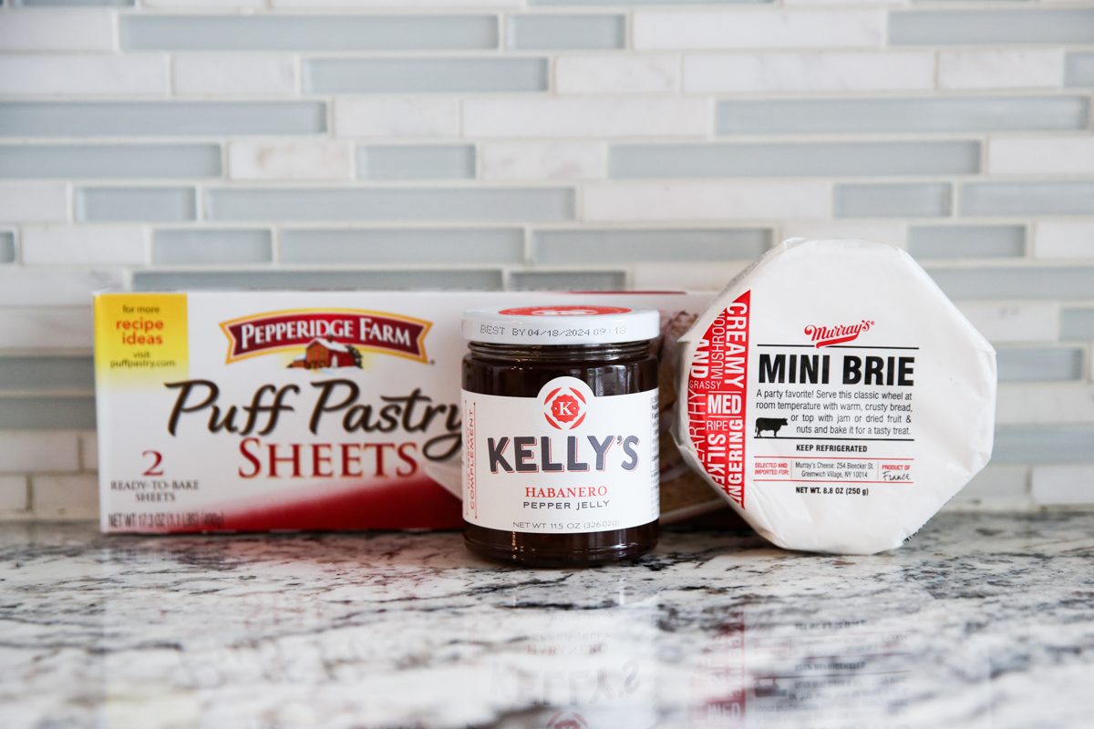 Ingredients for baked brie on a counter