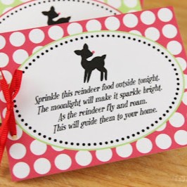 A close up of the tag for "reindeer food," giving instructions for sprinkling oats for Santa's reindeer.