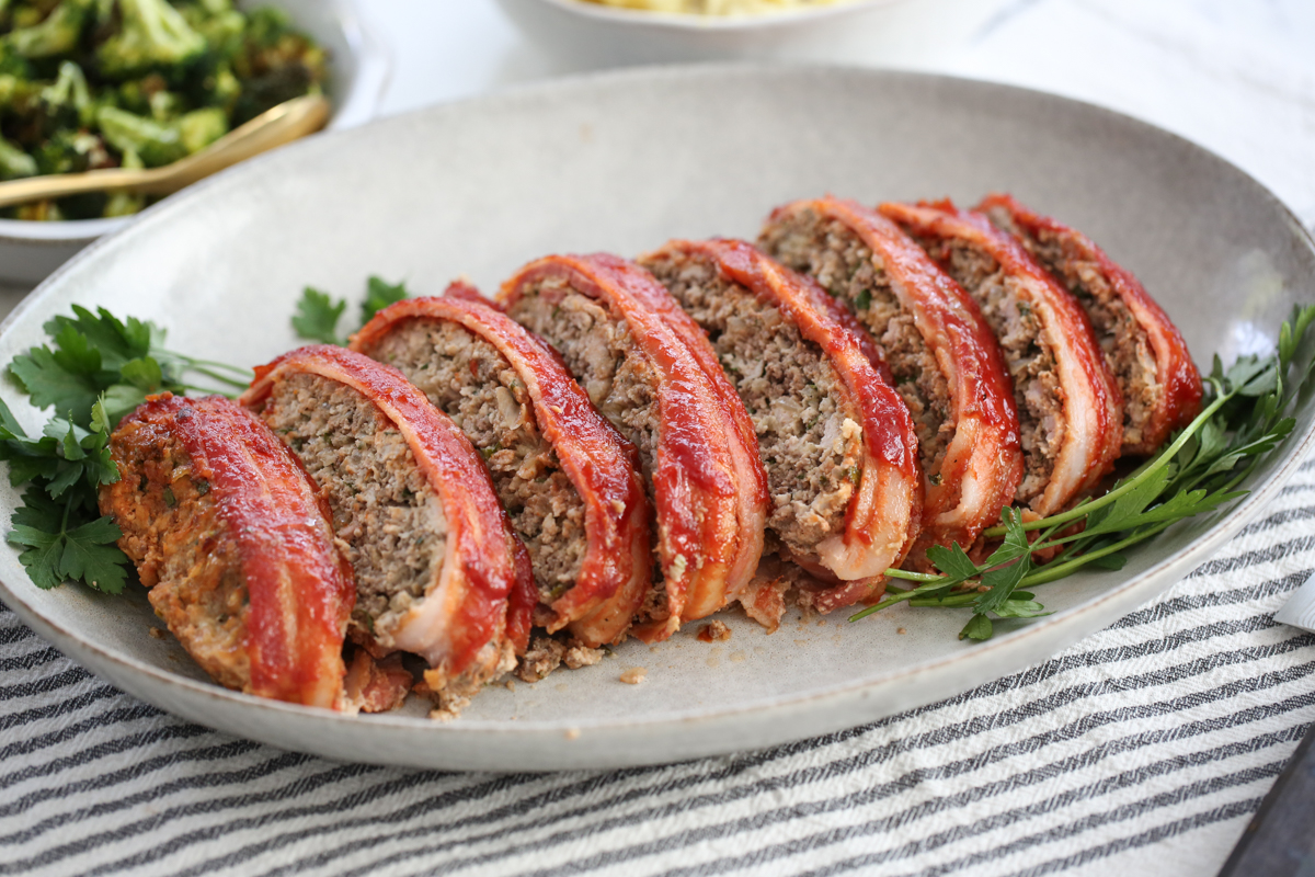 sliced meatloaf on a platter 