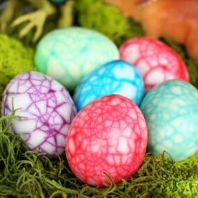 Crackle-dyed "dinosaur egg" easter eggs in red, purple, blue, and green in a bed of moss.