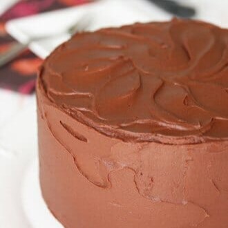 A round cake frosted with rich chocolate frosting.