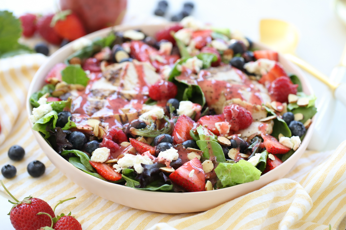 berry chicken salad in a serving bowl