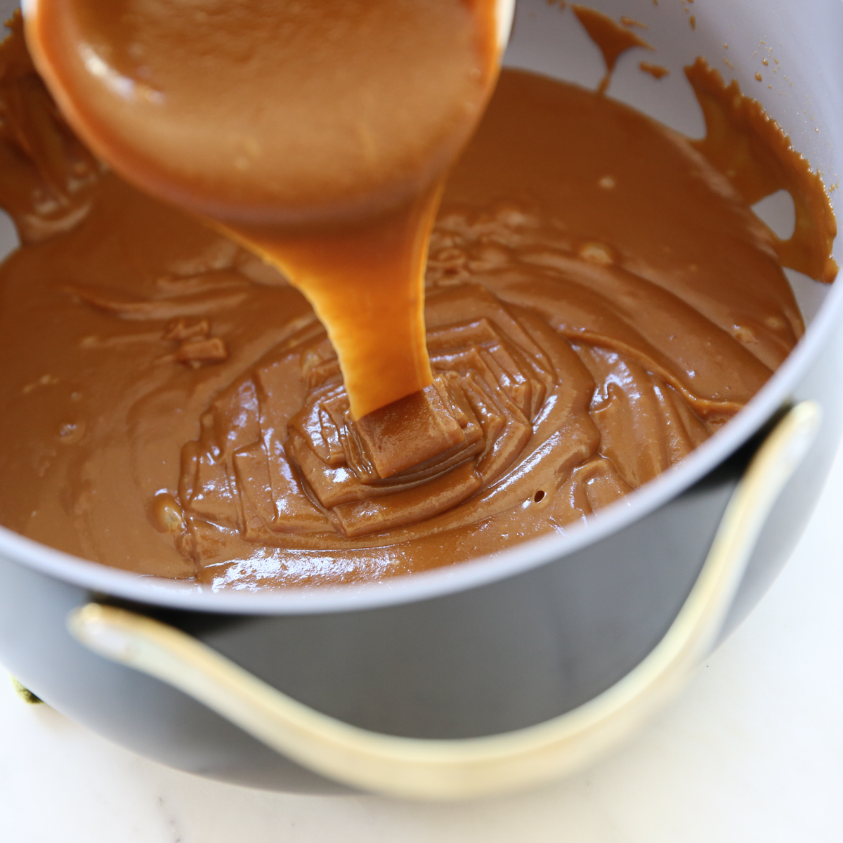smooth cooked caramel in a pan