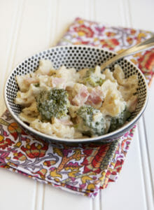 baked pasta and broccoli with ham and cheesy-creamy cauliflower sauce