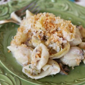 A serving of tuna noodle casserole made with pasta shells and homemade sauce on a green plate.