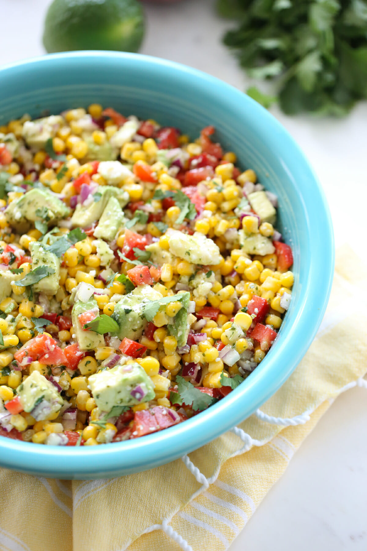 Corn salad in a blue bowl