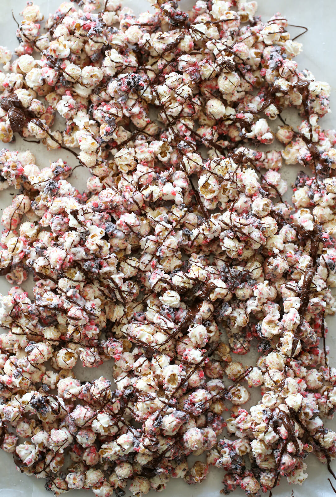 candy popcorn recipe on cookie sheet