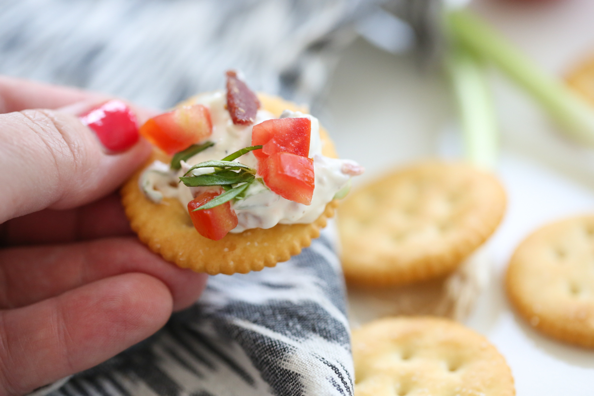 bacon tomato basil dip on cracker