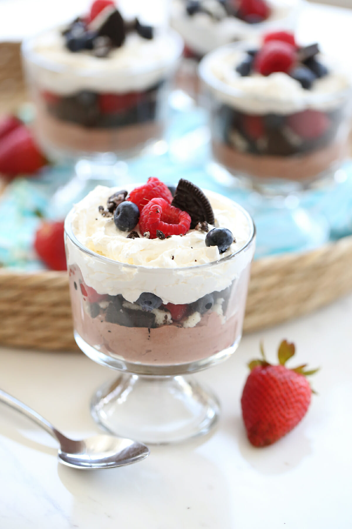Chocolate berry trifle in a glass bowl