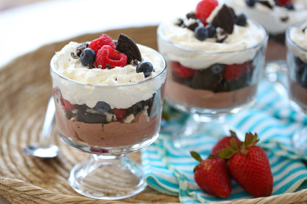 Two trifle desserts in glass bowls