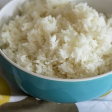 A bowl of white rice.