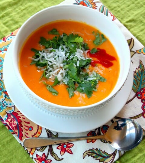 Super healthy butternut squash soup with coconut milk, lime juice, and cilantro from Our Best Bites.