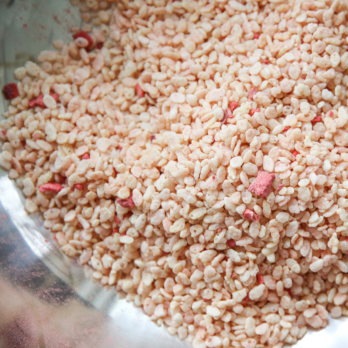 rice krispies with bits of freeze dried strawberries in them