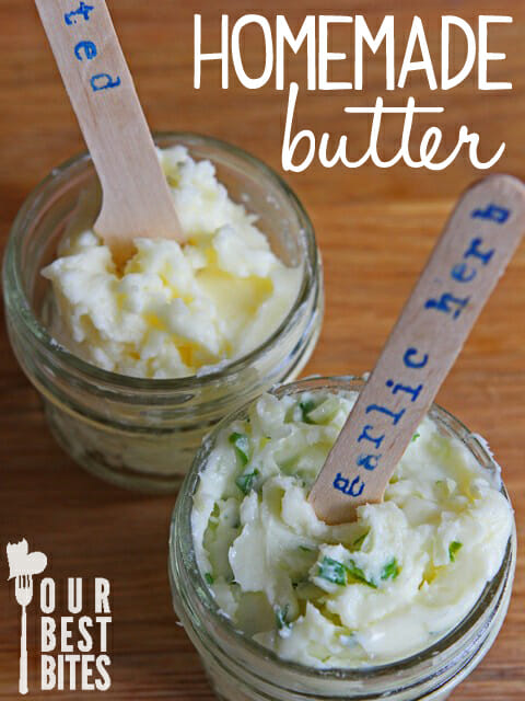 Homemade butter from Our Best Bites! It's delicious and easy and a super fun way for kids to get involved!