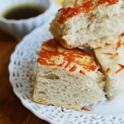 A close up of focaccia bread made for sandwiches.