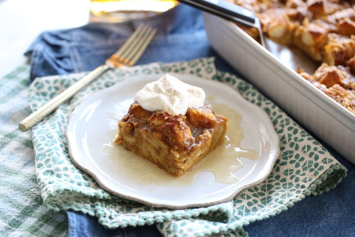 cut square of overnight pumpkin french toast