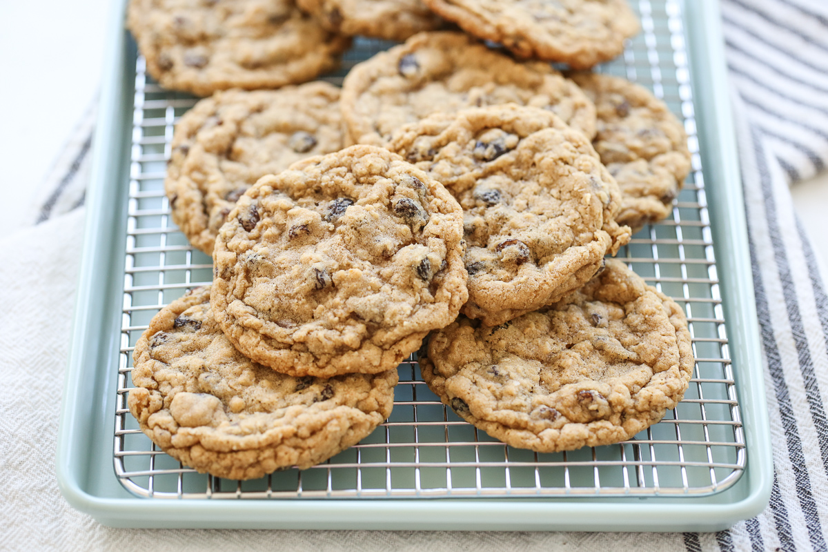 stack of oatmeal raisin cookies on a cooling rack
