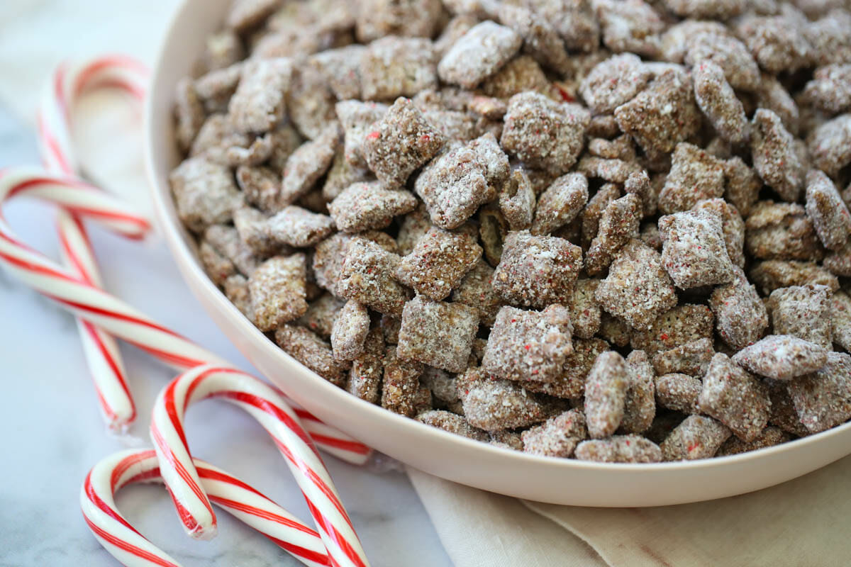 chocolate peppermint chex mix in bowl
