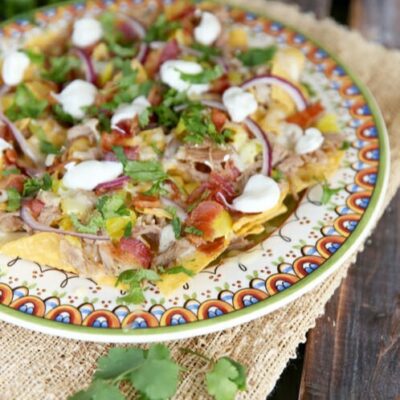 A cute, colorful plate full of tortilla chips, pulled pork, tomatoes, red onions, sour cream, and cilantro.