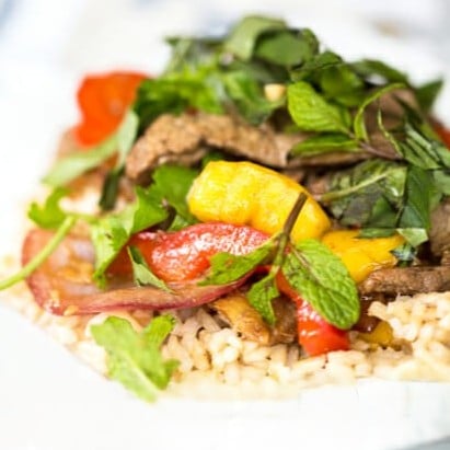 Steak, peppers, and mango a top a bed of brown rice.