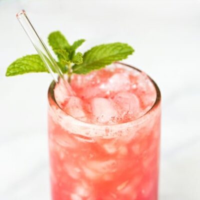 A refreshing glass of watermelon agua fresca with ice and a mint leaf garnish.