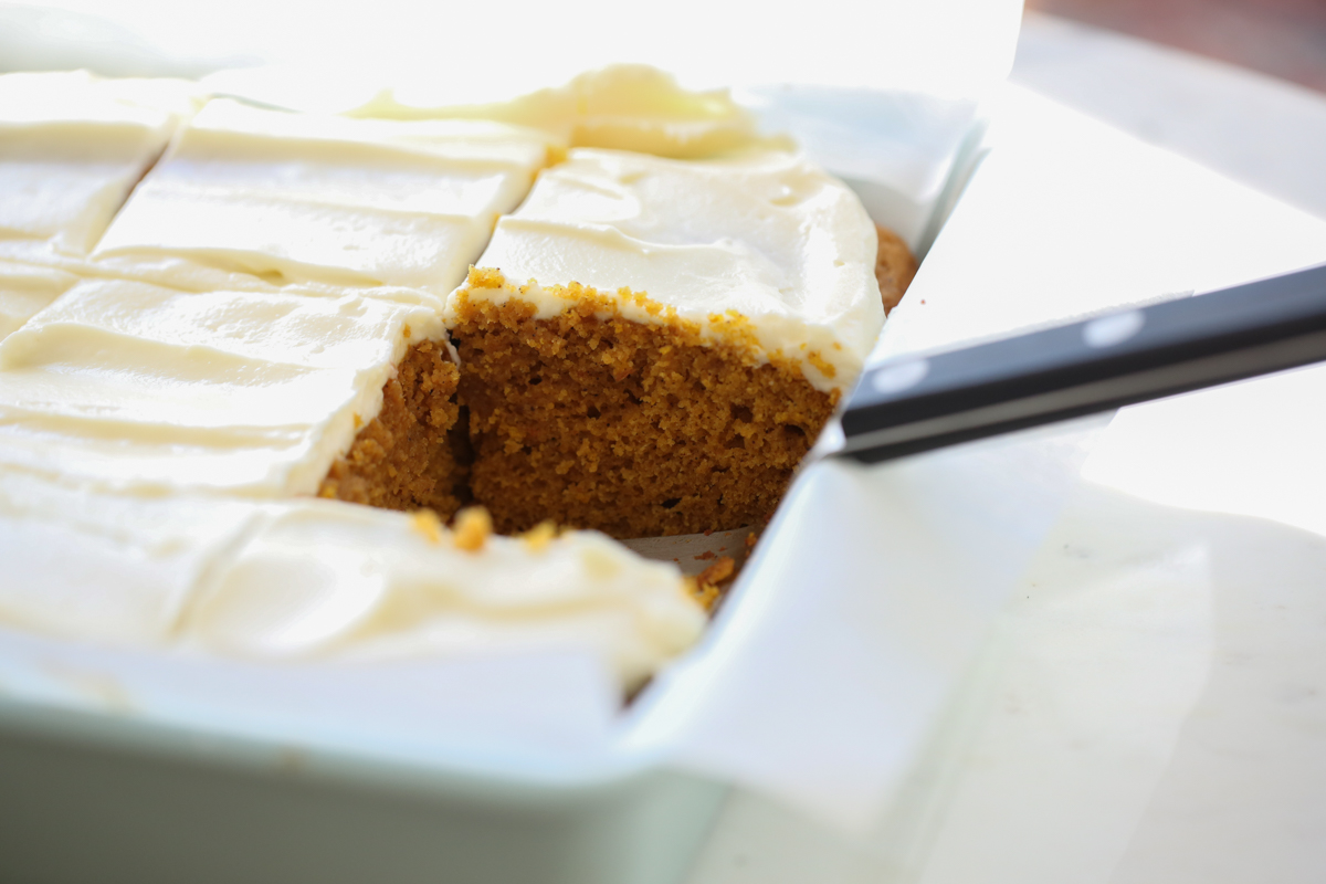 pumpkin cake with one slice missing