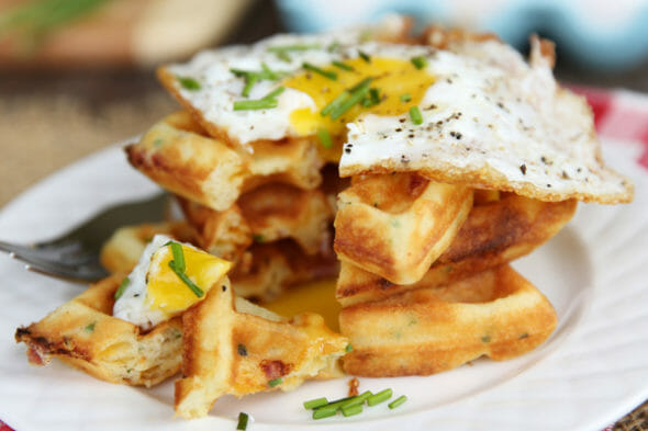 Ham and Cheddar Waffles with Fried Egg from Our Best Bites