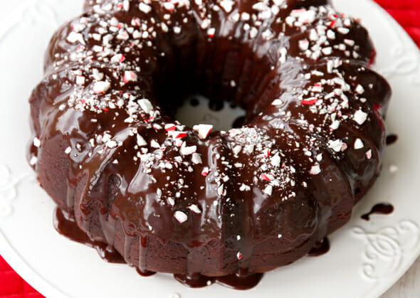 Candycane Topped Chocolate Peppermint Bundt Cake from Our Best Bites