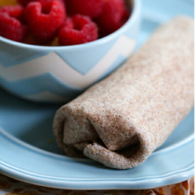 A breakfast burrito on a plate with a bowl of raspberries.