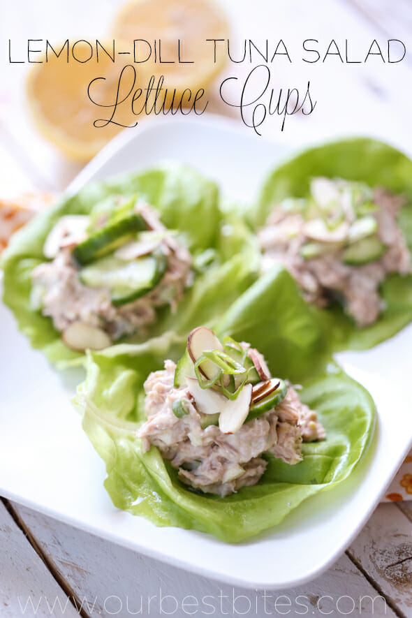 lemon dill tuna salad lettuce cups from Our Best Bites. Quick, easy, healthy lunch for 1 person!