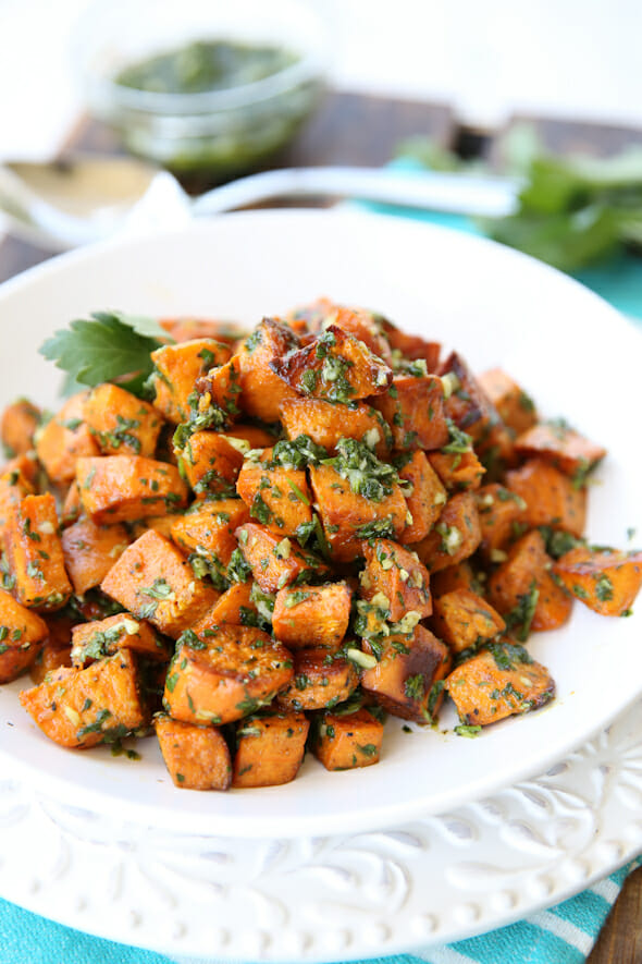 Sweet and Savory Roasted Sweet Potatoes with Chimichurri