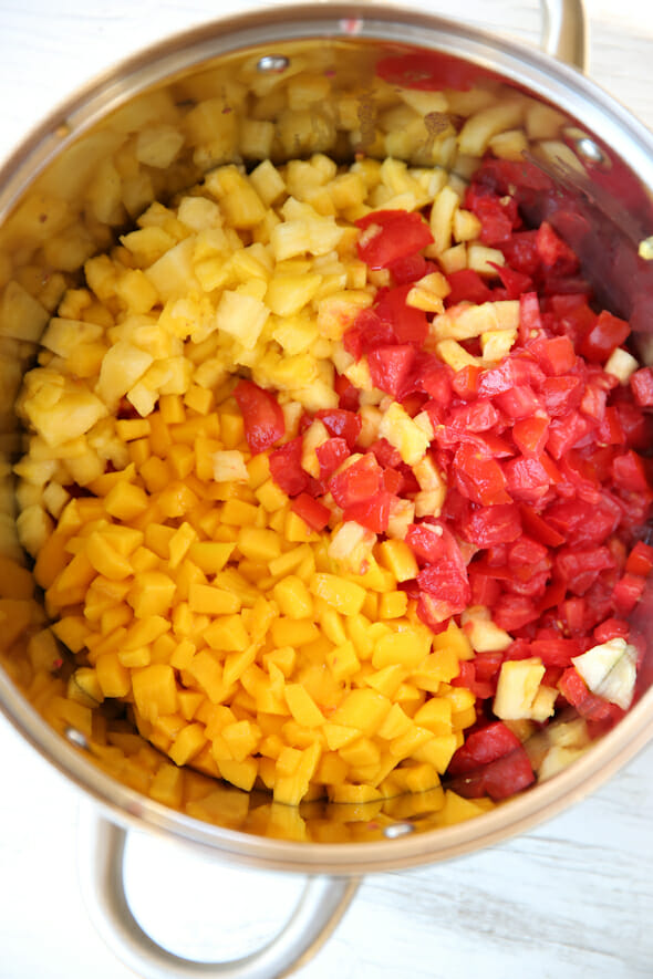 mango, pineapple, and tomatoes